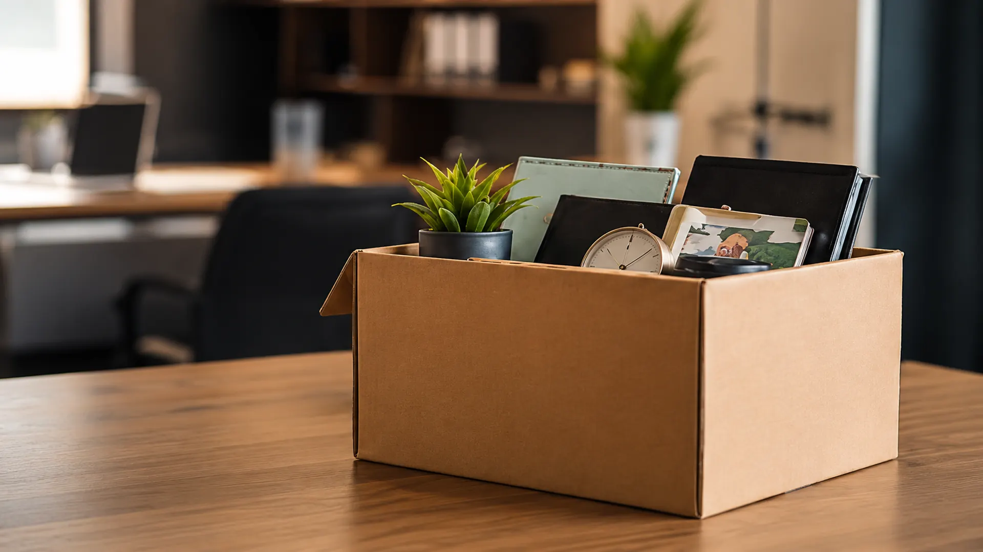 Caja con pertenencias personales de un trabajador despedido sobre un escritorio de oficina